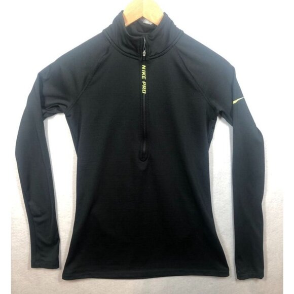 Nike Pro Hyperwarm 1/2 Zip Pullover Top AR4732 Black/Neon Yellow Shirt Women's M - Picture 1 of 8